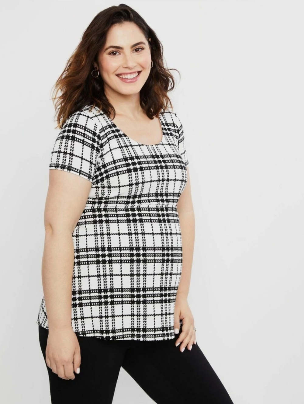 Motherhood Maternity Classic Black & White Textured Plaid Scoop Neck Top